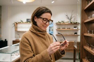 Femme élégante essayant des lunettes tendance en acétate écaille dans une boutique d'optique parisienne en hiver