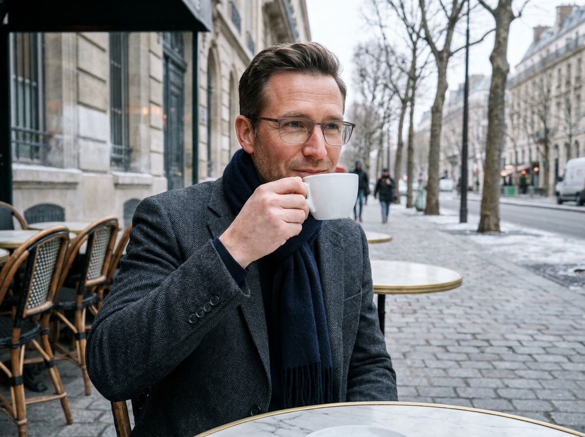 Homme stylé portant des lunettes rectangulaires métalliques inspirées des célébrités dans un café parisien en hiver