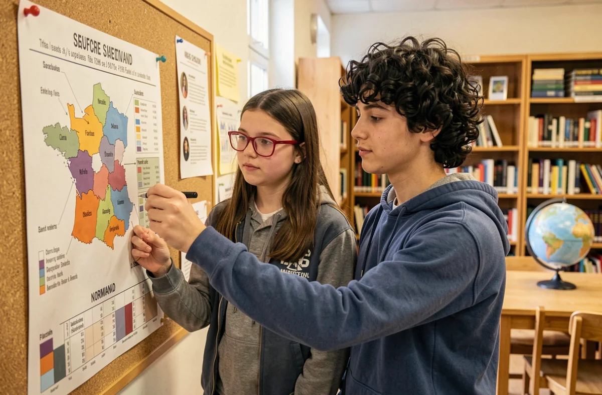 Deux lycéens collaborant devant un tableau d'affichage avec des statistiques sur la superficie des régions françaises dont la Normandie
