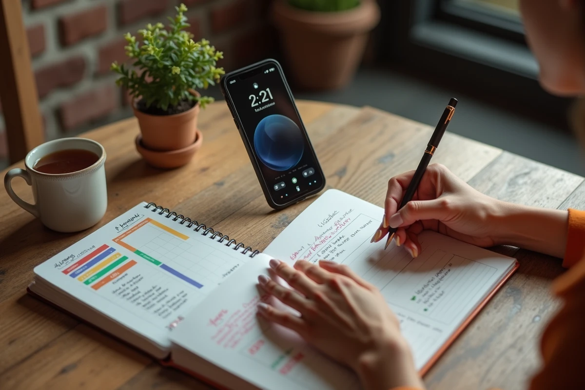 Mains féminines au-dessus d'un agenda et d'un téléphone affichant 21h21, planification de projets et quête de sens
