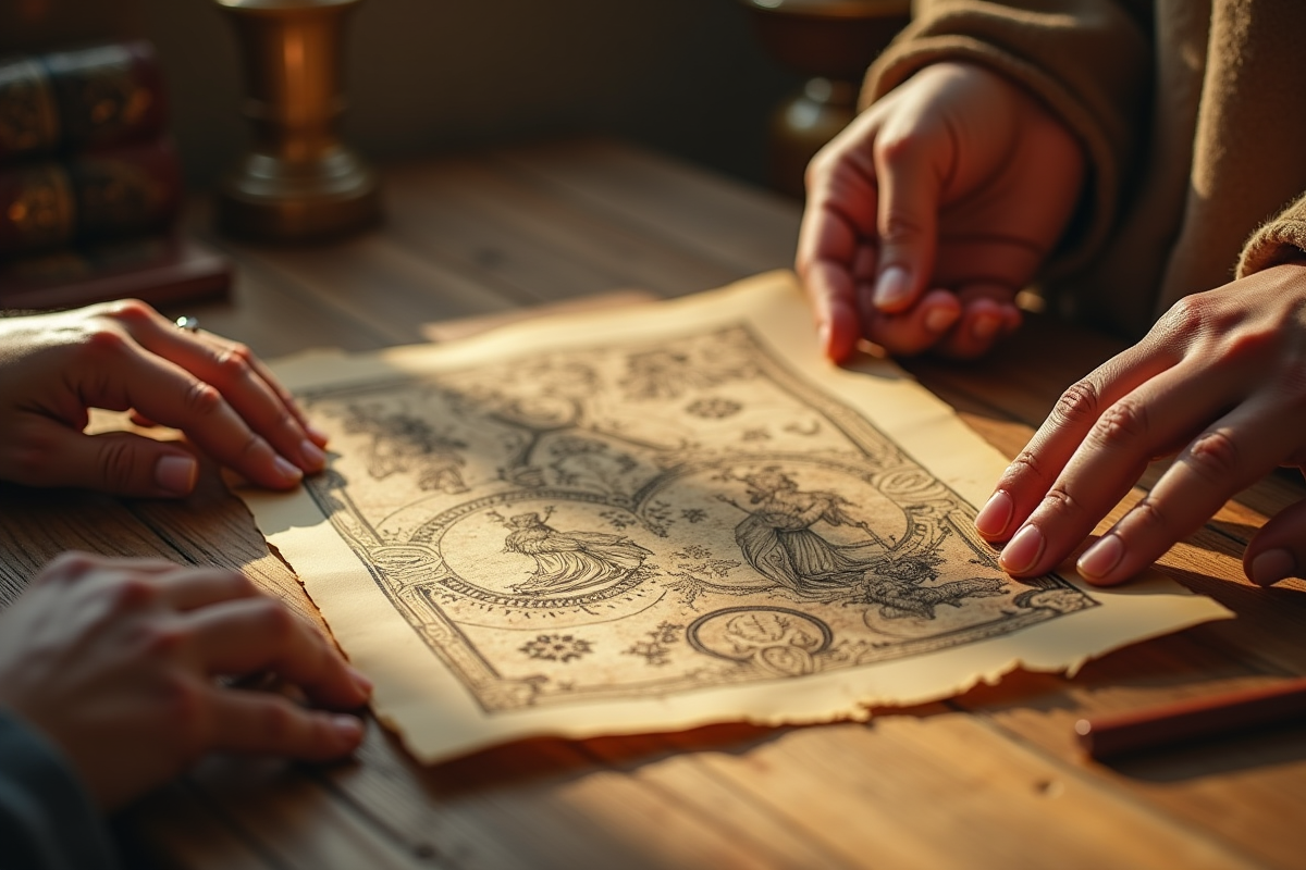 Mains manipulant des parchemins illustrés de mythologie