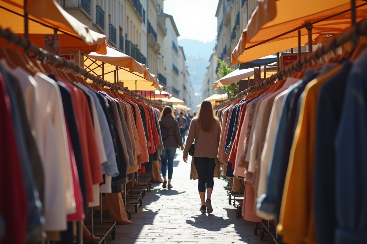 Marché de rue animé avec vêtements tendance 2025