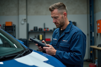 Mécanicien en bleu examinant un scanner sur une Renault moderne