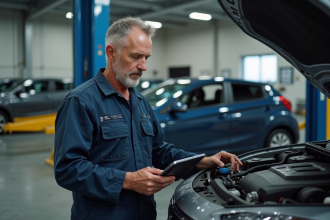 Mécanicien homme inspectant un moteur hybride dans un atelier moderne