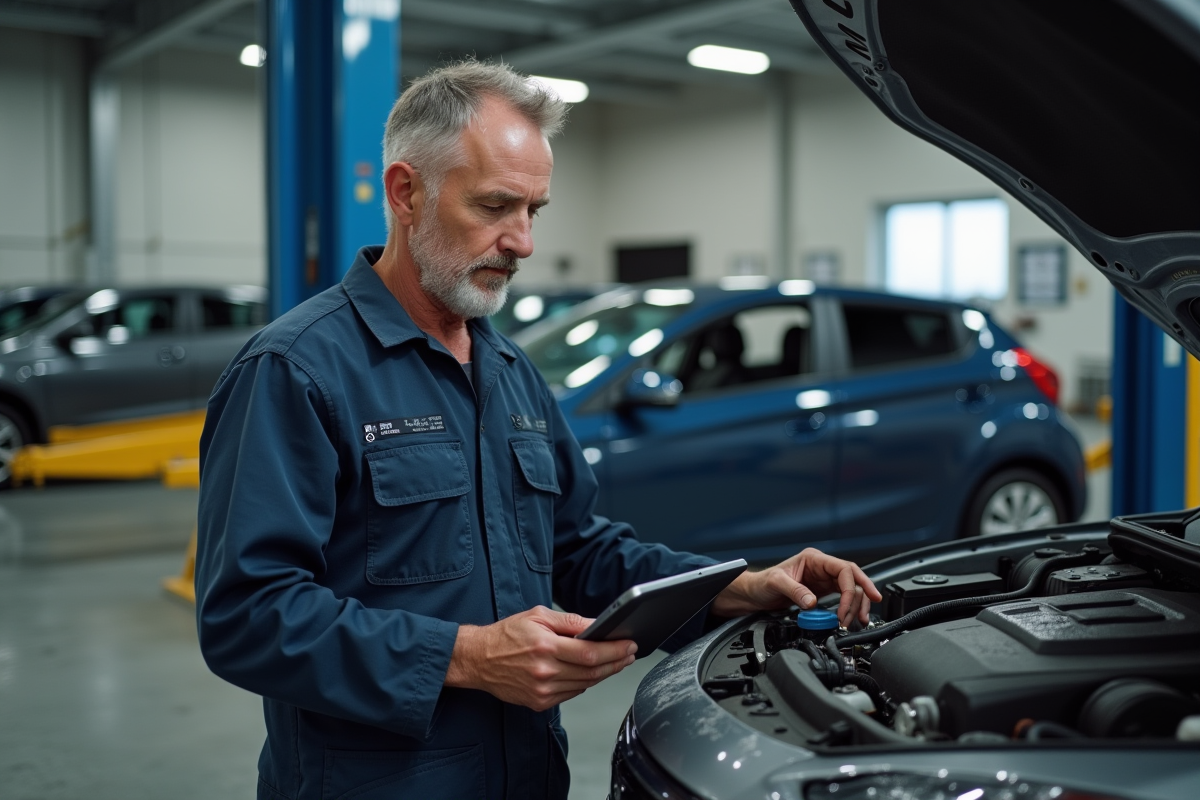Mécanicien homme inspectant un moteur hybride dans un atelier moderne