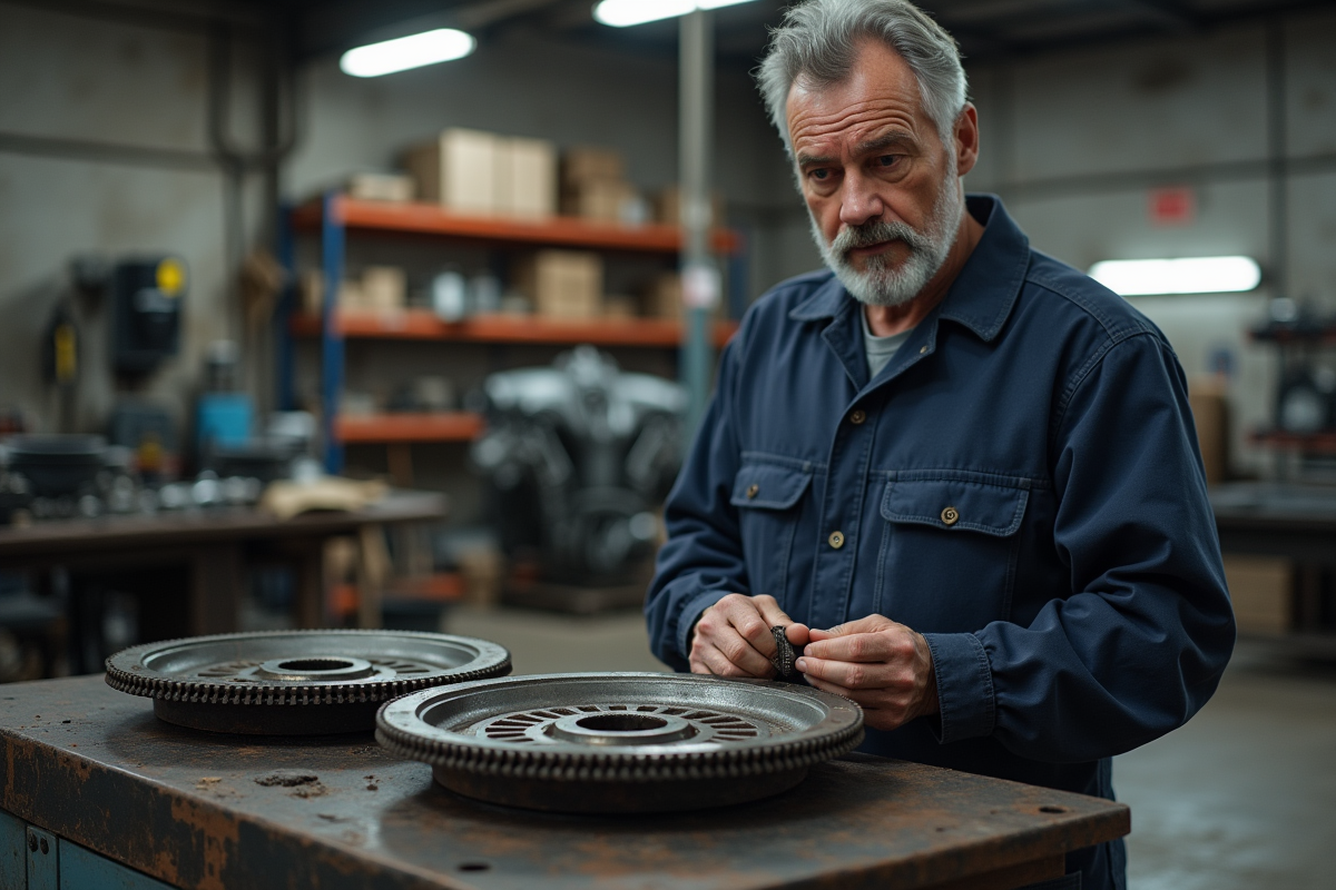 Mécanicien homme examine un volant d'auto usé dans l'atelier