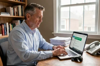 Homme à son bureau à domicile regardant une boîte mail saturée sur son ordinateur portable avec un téléphone fixe Free posé à côté