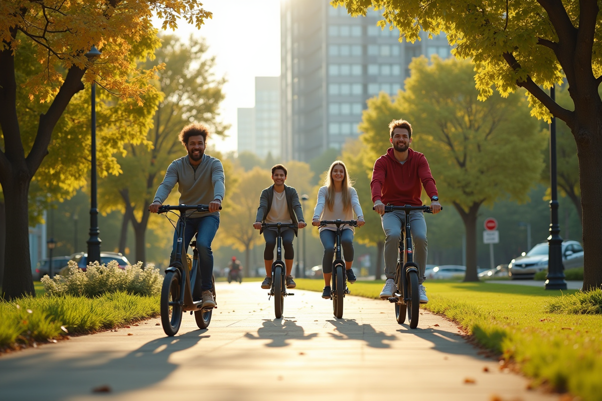 Groupe de personnes en ville utilisant vélos et trottinettes pour une mobilité durable