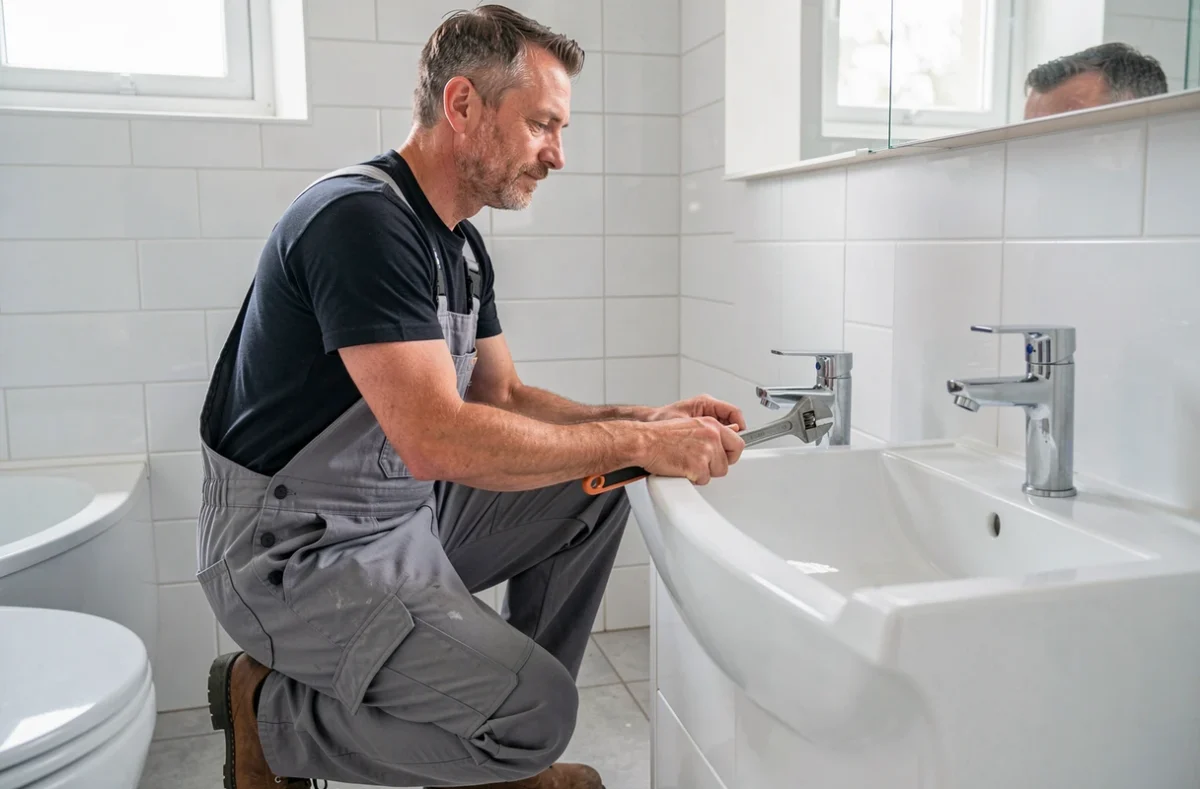 Plombier de MS Plomberie installant un robinet dans une salle de bain rénovée à Santeny