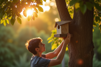 Personne plaçant une boîte à oiseaux dans un arbre en soirée lumineuse