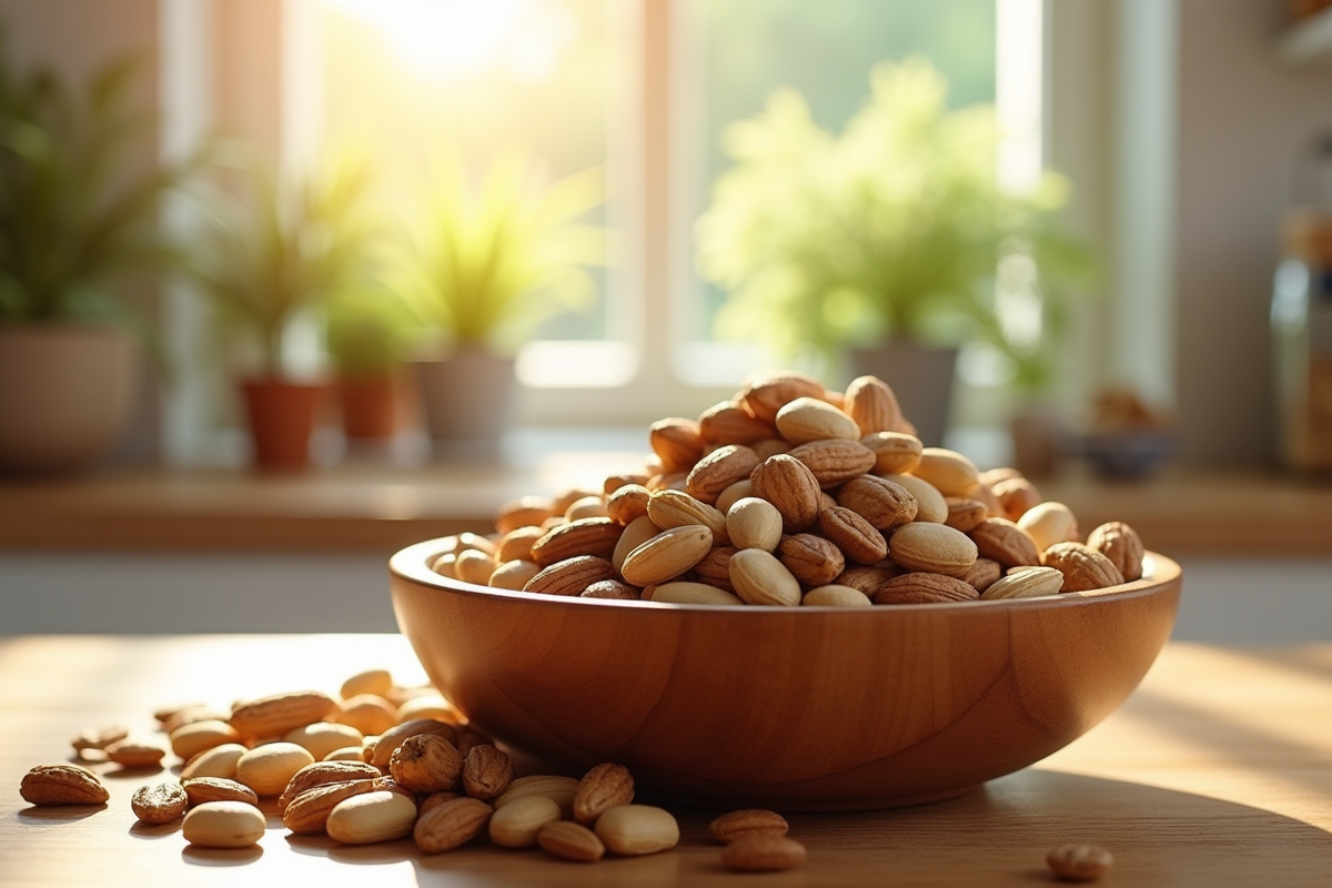 Assortiment de noix et graines riches en vitamine E dans un bol en bois