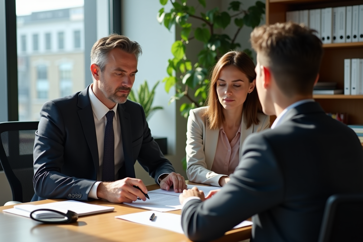 Notaire professionnel expliquant des documents à un jeune couple
