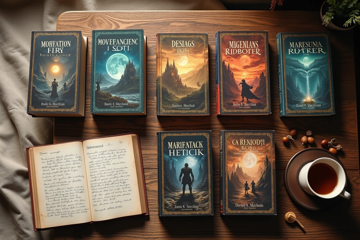 Vue de dessus d'une collection de livres fantasy organisés dans l'ordre de lecture sur une table en chêne avec un guide manuscrit