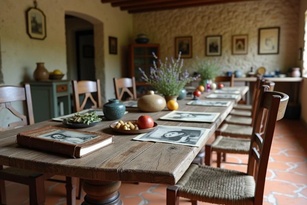Table de cuisine provençale avec photos de famille en noir et blanc évoquant les racines régionales d'une famille du sud de la France