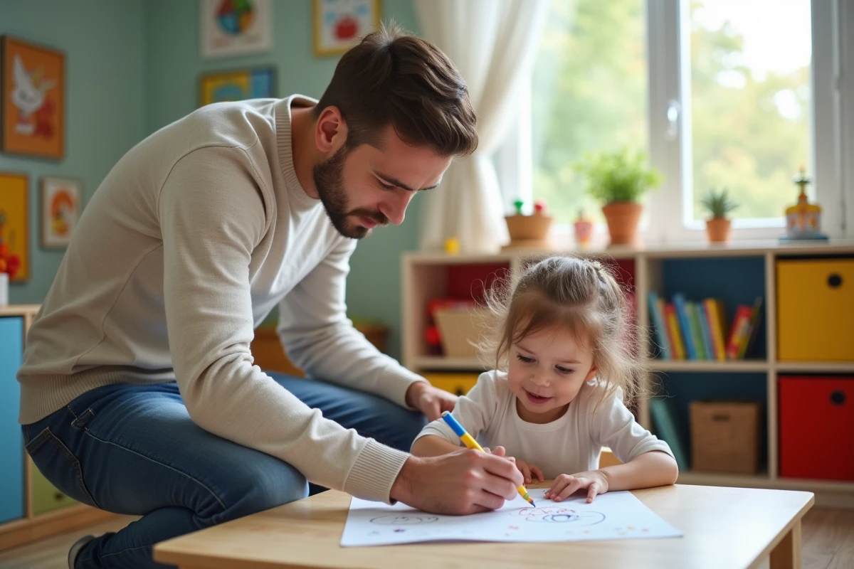 Père et fille dessinant ensemble dans une salle de jeux chaleureuse