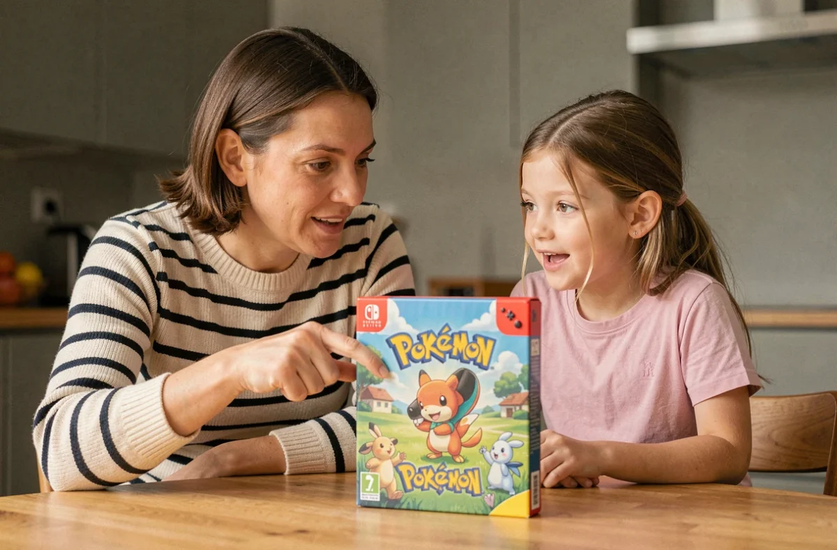 Parent et enfant choisissant ensemble un jeu Pokémon Nintendo Switch