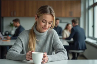 Salariée consultant son smartphone pendant une pause café au bureau, ambiance détendue de salle de pause moderne