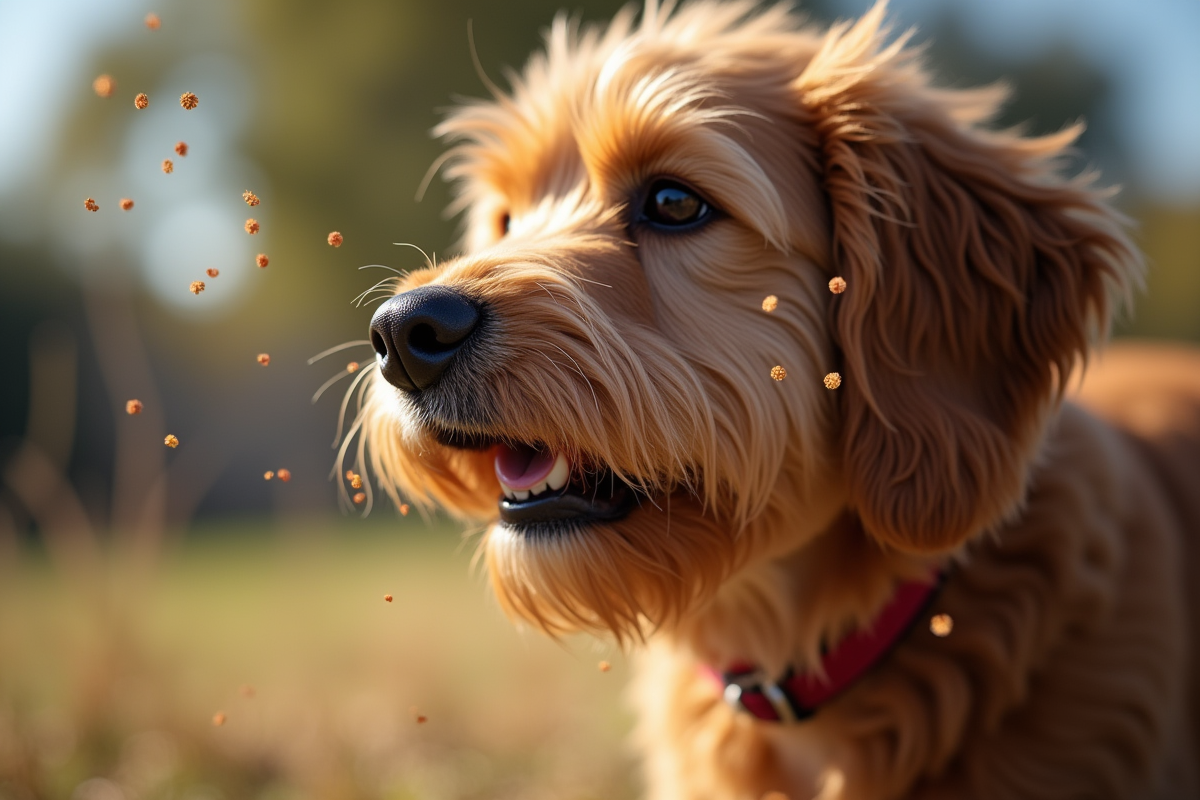 Zoom sur le pelage du chien avec allergenes en suspension
