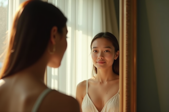 Personne regardant dans un miroir avec reflet différent