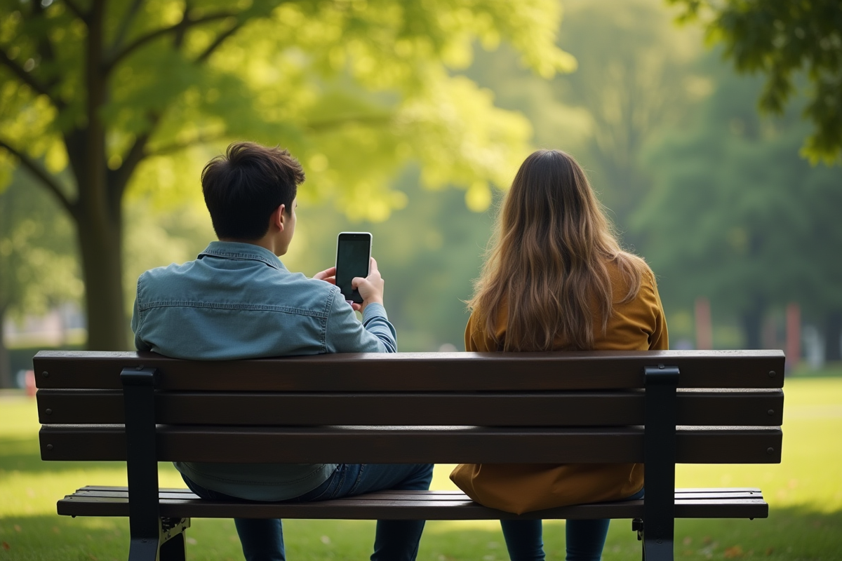 Deux personnes sur un banc de parc une en appel vidéo