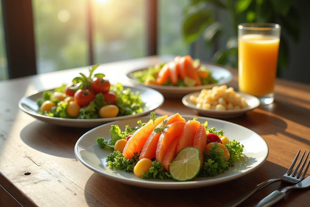 Table de petit déjeuner avec salades de fruits et legumes Vshaped