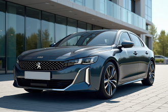 Voiture Peugeot 408 moderne devant un bâtiment contemporain