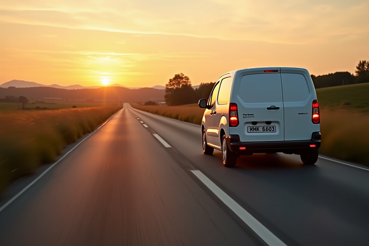 Un Peugeot Partner Tepee roulant en campagne au coucher du soleil