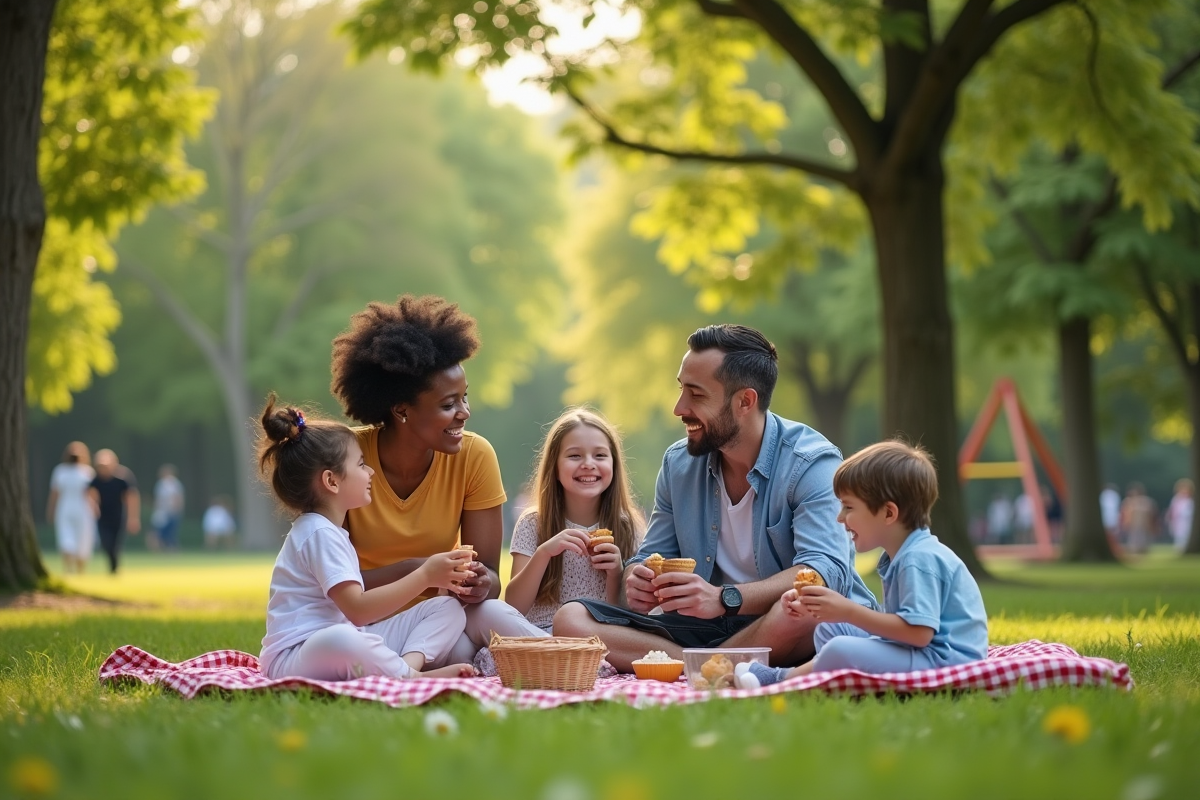 Famille diversifiee profitant d