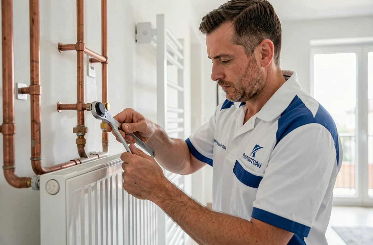 Plombier chauffagiste Plus que pro en train d'installer des raccords de radiateur à Bonneuil-sur-Marne
