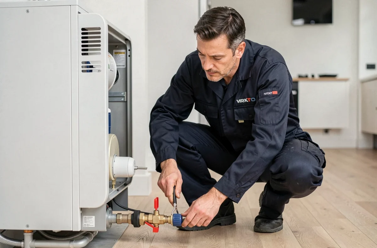 Plombier chauffagiste Plus que pro raccordant des vannes thermostatiques dans une maison moderne à Vitry-sur-Seine
