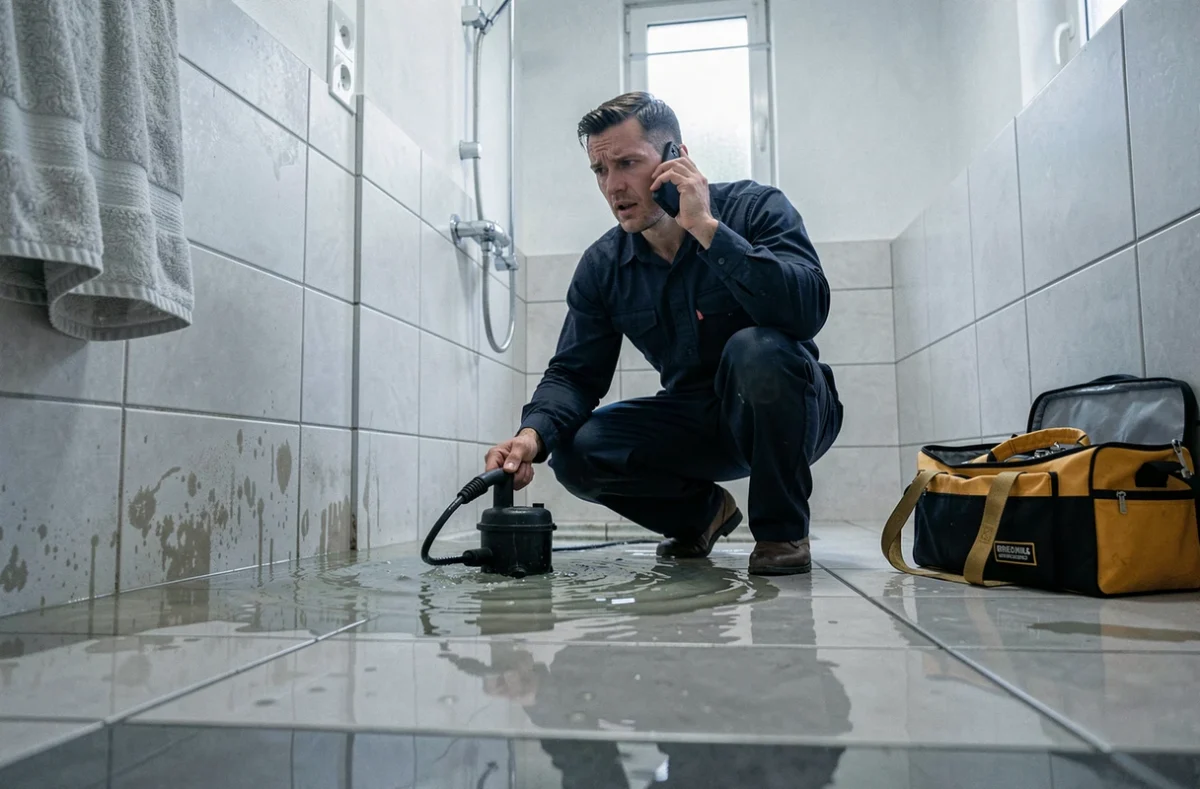 Plombier d'urgence intervenant dans une salle de bain inondée dans les Yvelines