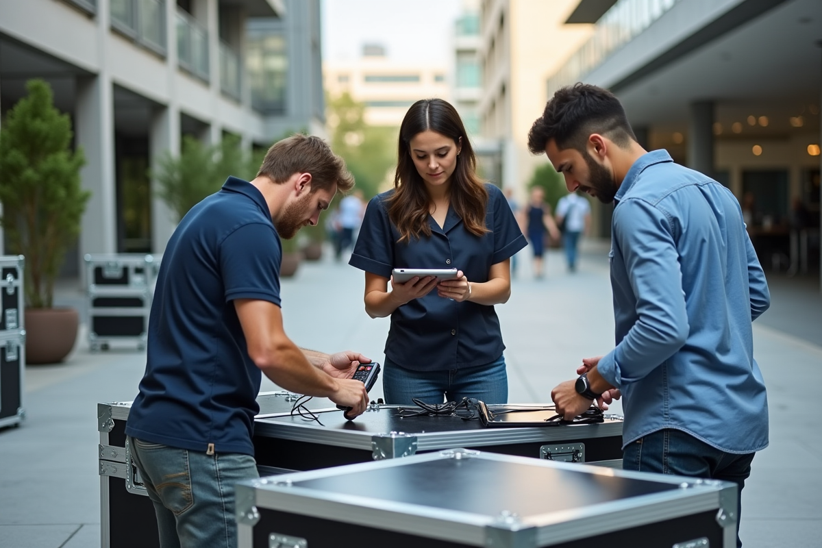 Groupe de professionnels installant du matériel audiovisuel extérieur