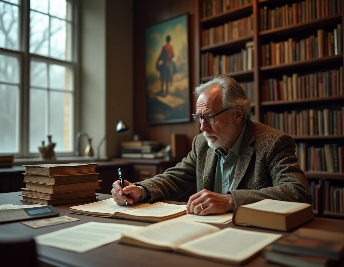 Professeur d'histoire étudiant des reproductions du tableau American Progress dans un bureau universitaire