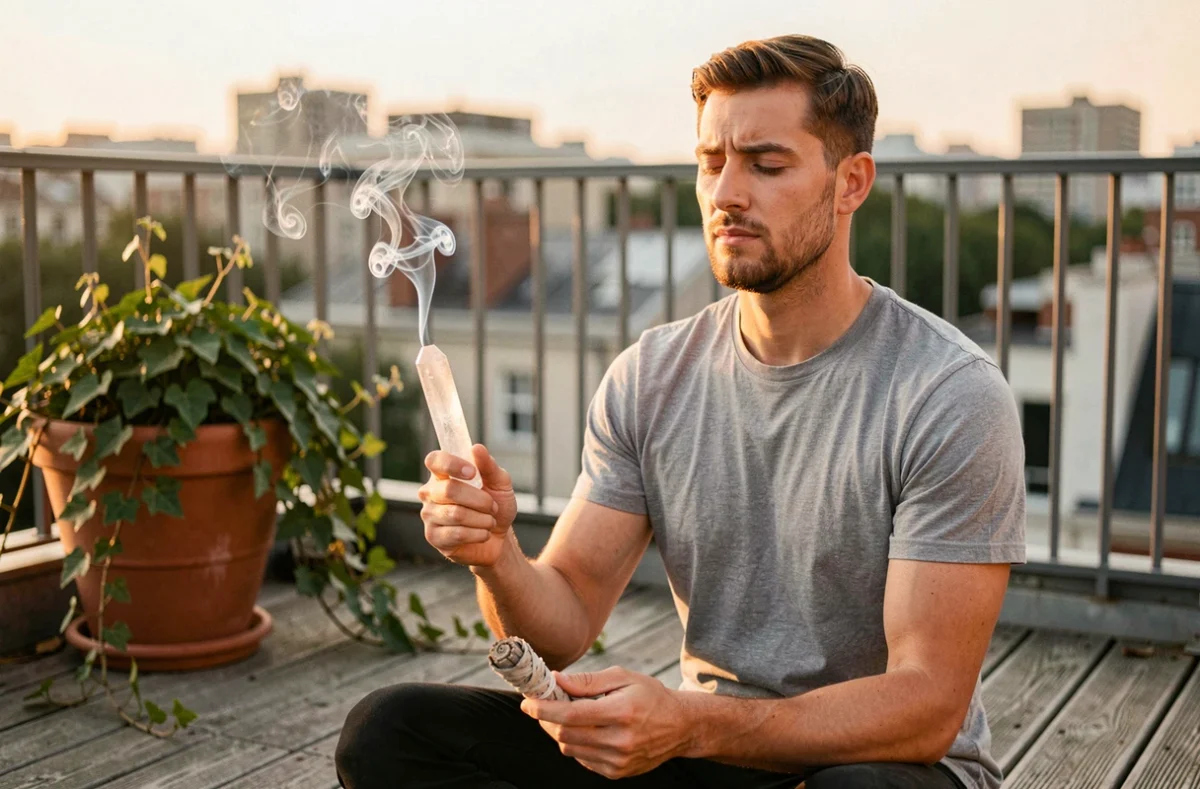 Homme purifiant une pierre de sélénite à la fumée de sauge blanche en plein air sur une terrasse