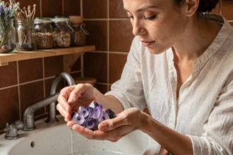 Femme purifiant des pierres d'améthyste sous l'eau courante dans une cuisine naturelle en lithothérapie