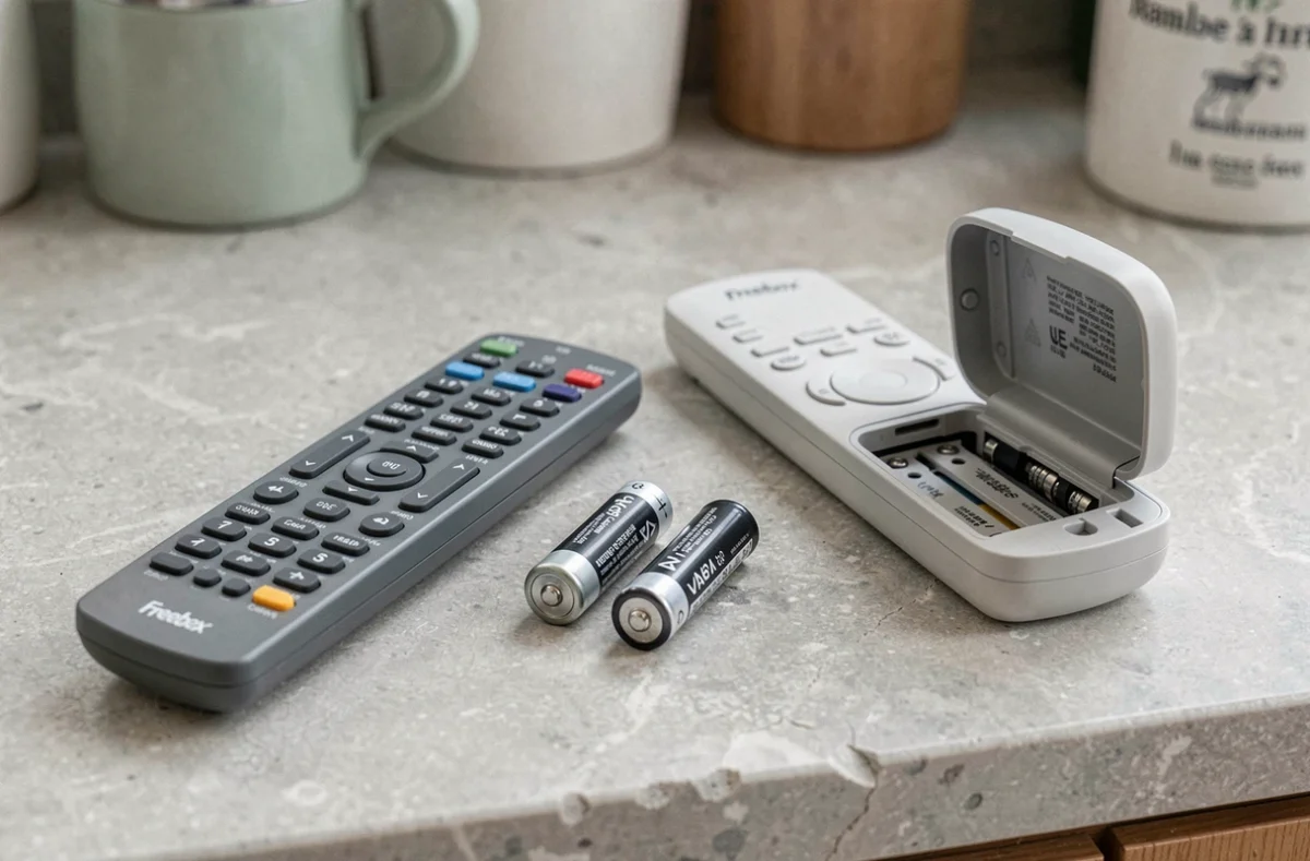 Télécommande Freebox ouverte avec piles AA retirées sur un plan de travail gris, illustration du remplacement des piles