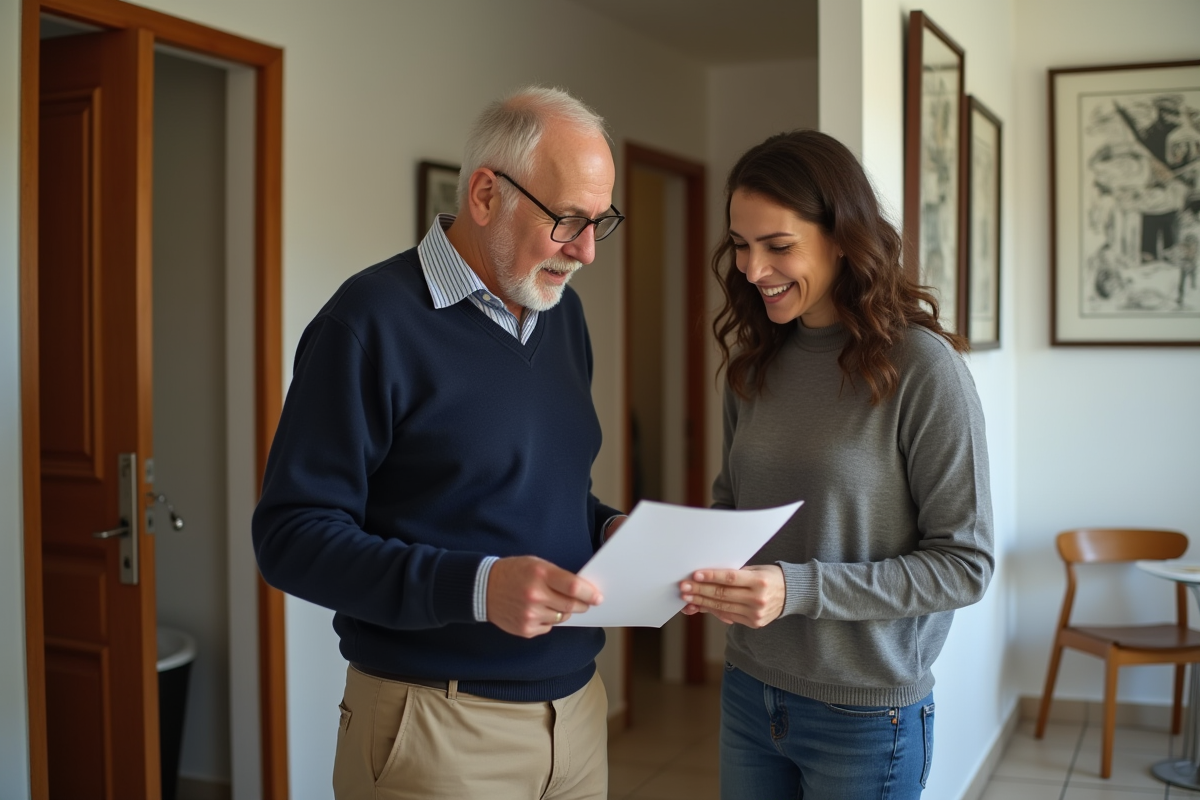 Homme âgé et femme discutant de documents de location