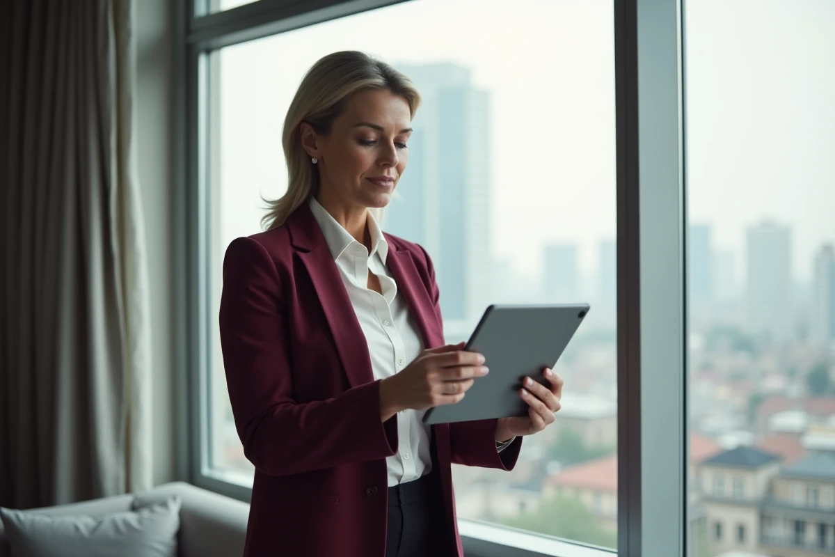 Femme professionnelle consultant le correcteur orthographique Reverso sur tablette pour optimiser son image en ligne