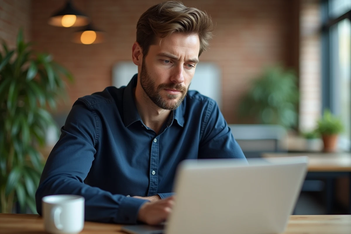 Homme en espace de coworking utilisant le correcteur Reverso pour améliorer ses textes destinés aux réseaux sociaux