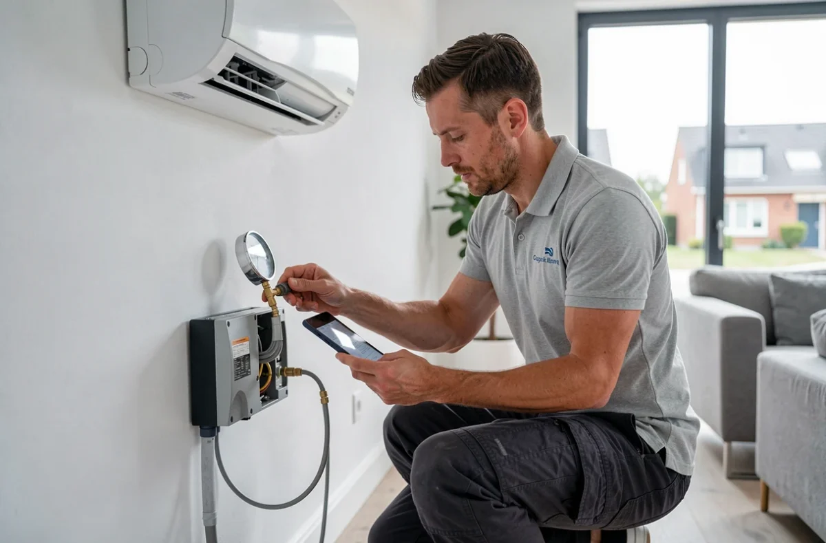 Technicien de R.H Plomberie et Climatisation intervenant sur un système de climatisation dans un appartement