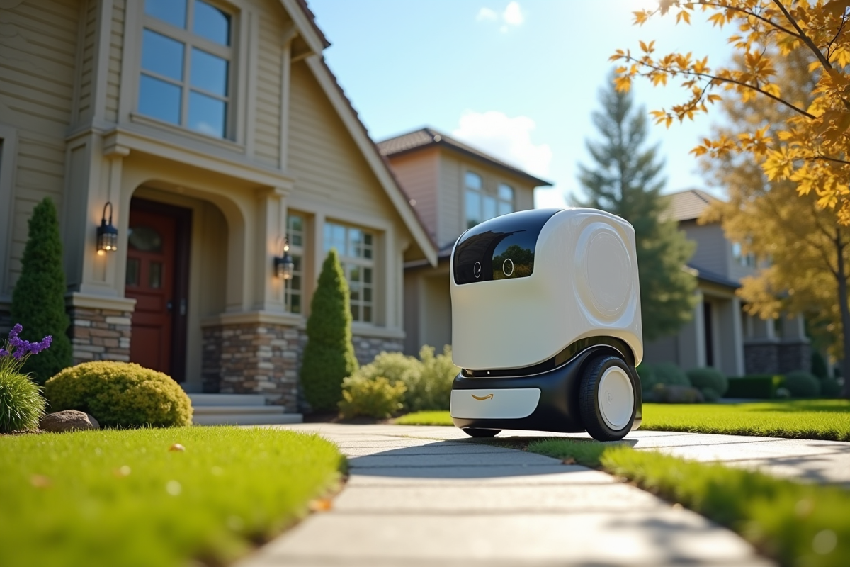Robot de livraison Amazon déposé un colis devant une maison en extérieur en journée