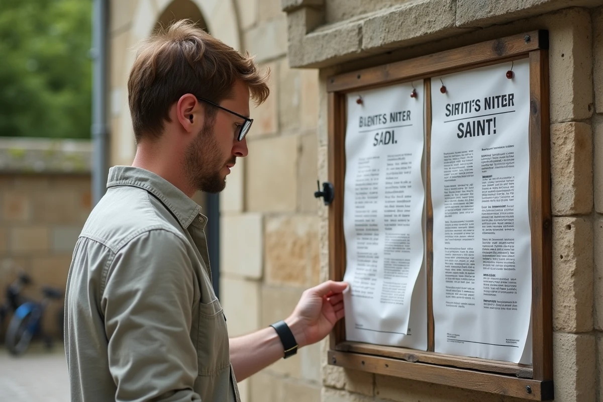 Homme lisant le saint du jour affiché sur un panneau d'église en pierre dans une ville de province française