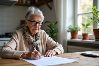Femme âgée relisant un contrat dans sa cuisine