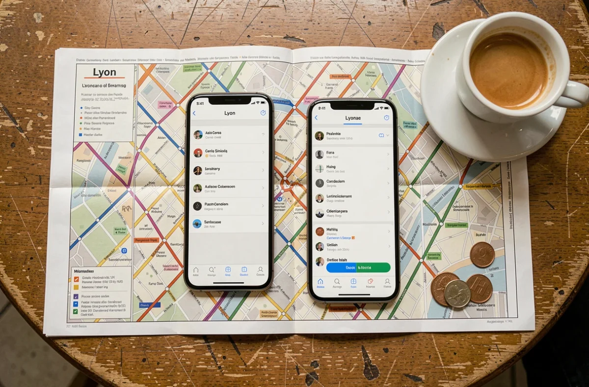Smartphone avec application de métro Lyon posé sur une carte papier du réseau TCL dans un café