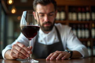 Sommelier examinant un verre de vin rouge clair