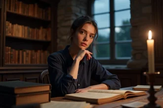 Jeune femme étudiant la structure en actes d'une histoire dans un bureau vintage entouré de manuscrits et de livres anciens
