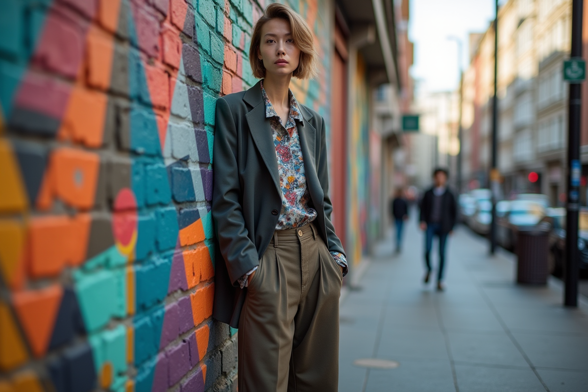 Personne en style urbain devant un mur graffiti coloré