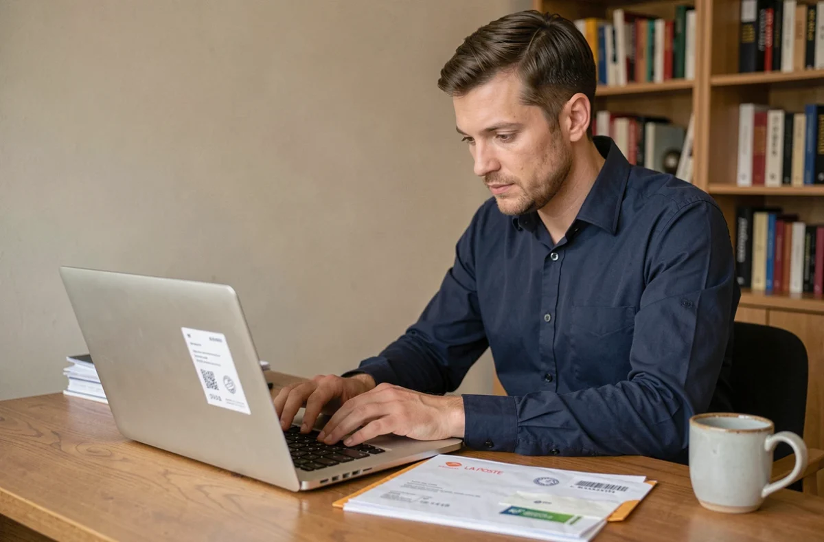 Homme consultant le suivi en ligne d'un recommandé 2C sur son ordinateur portable avec l'enveloppe posée sur le bureau
