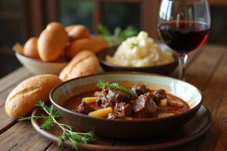 Table rustique avec un bourguignon fumant et pain frais