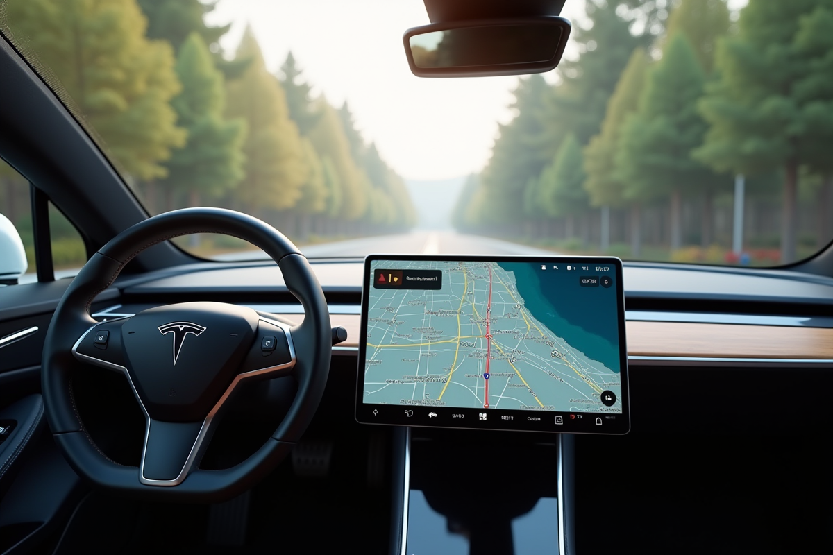 Intérieur Tesla avec écran autopilot et design futuriste